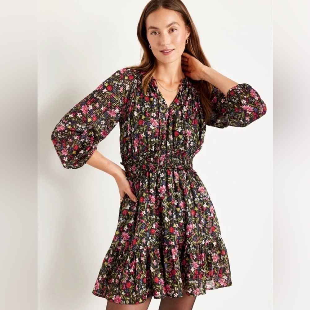 Old Navy Waist-Defined Floral Shine Mini Dress in Black Floral Cottagecore